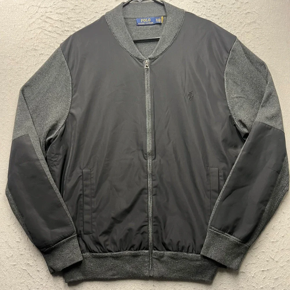 Polo Ralph Lauren Mens XXL Gray Black Hybrid Knit Woven Bomber Jacket Zip Coat